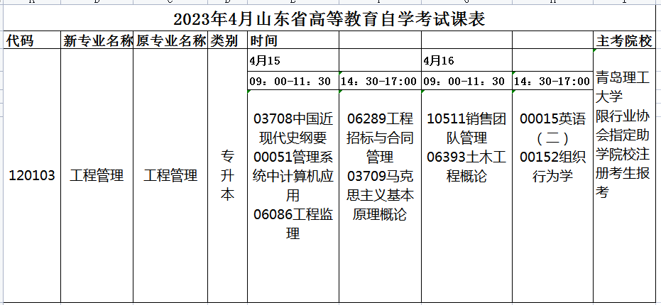 2023年4月山东自考工程管理（本科）120103专业开考科目安排