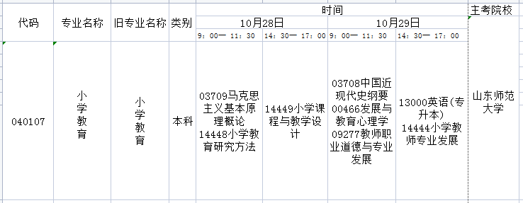 2023年10月山东自考小学教育专业本科开考科目及考试时间