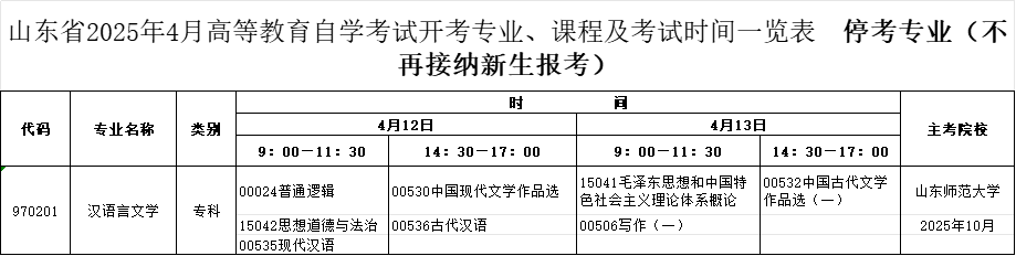 2025年4月山东自考专科汉语言文学专业考试计划（已停考）