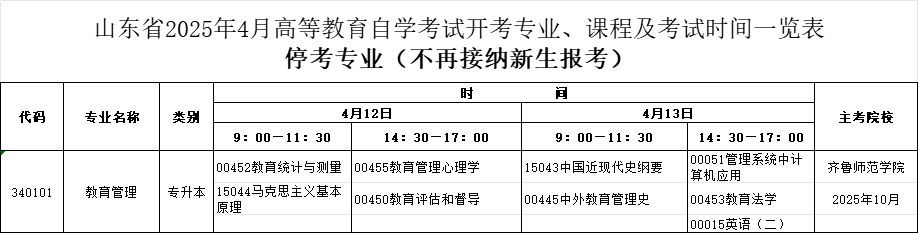 2025年4月山东自考本科教育管理专业考试计划（已停考）