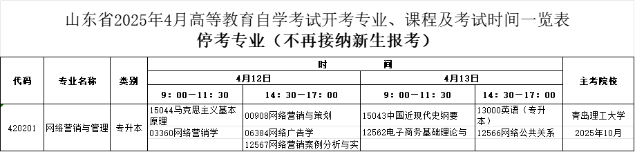 2025年4月山东自考本科网络营销与管理专业考试计划（已停考）