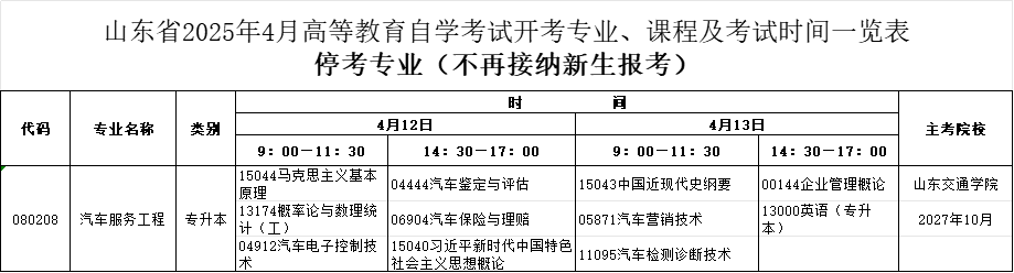 2025年4月山东自考本科汽车服务工程专业考试计划（已停考）