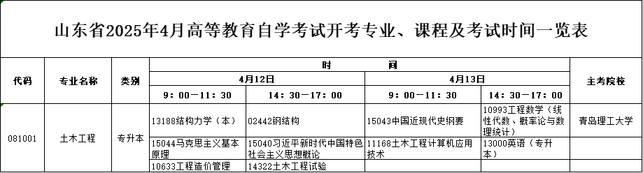 2025年4月山东自考本科土木工程专业考试计划