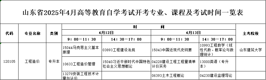 2025年4月山东自考本科工程造价专业考试计划