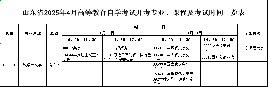 2025年4月山东自考本科汉语言文学专业考试计划