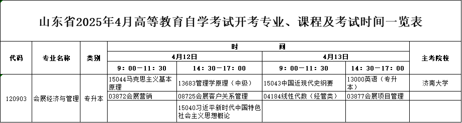 2025年4月山东自考本科会展经济与管理专业考试计划