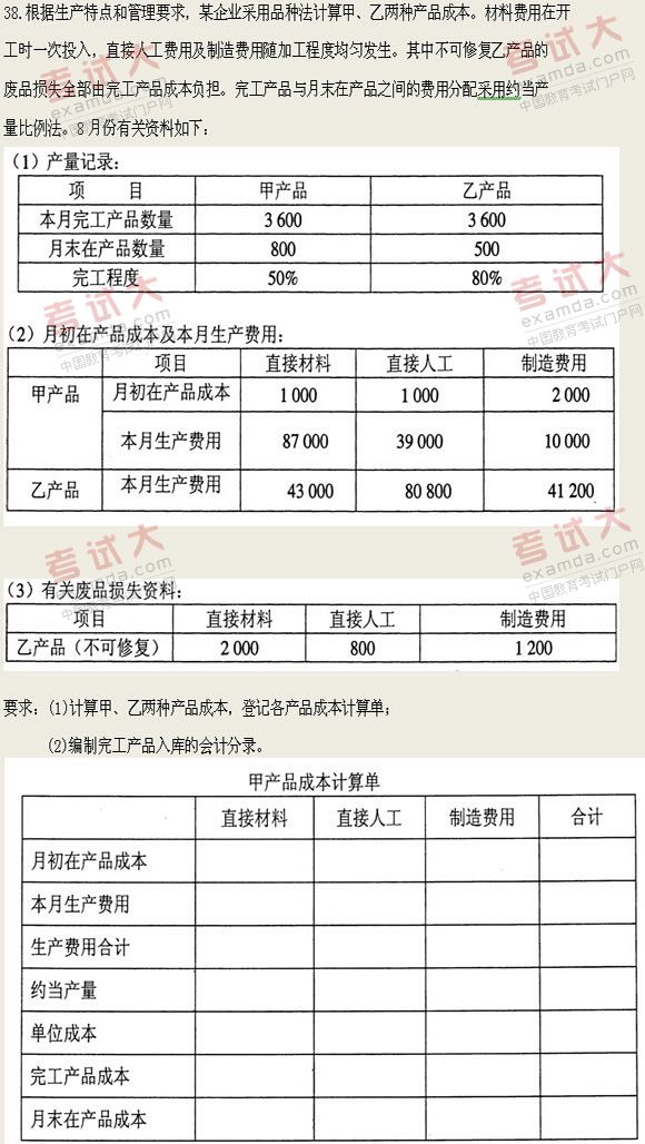 全国2011年1月高等教育自考成本会计试题